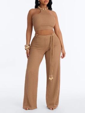 NEW Knit Halter Crop Top & Wide-Leg Pants Set - Camel
